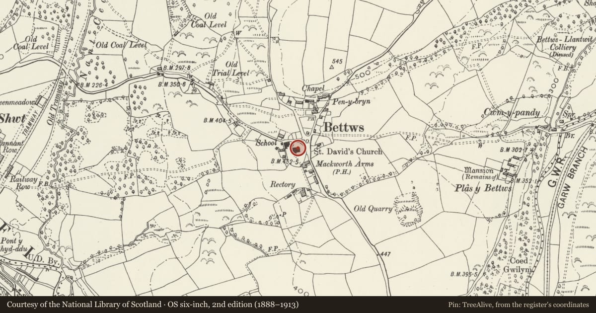 Ordnance Survey six-inch map, 2nd edition (1888–1913) covering the location of Church of St David, Bettws, Garw Valley, Bridgend, with a pin at the register's coordinates