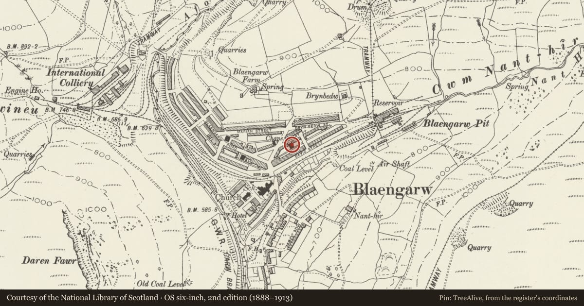 Ordnance Survey six-inch map, 2nd edition (1888–1913) covering the location of Bethania Capel y Bedyddwyr (Welsh Baptist Chapel), Garw Valley, Bridgend, with a pin at the register's coordinates