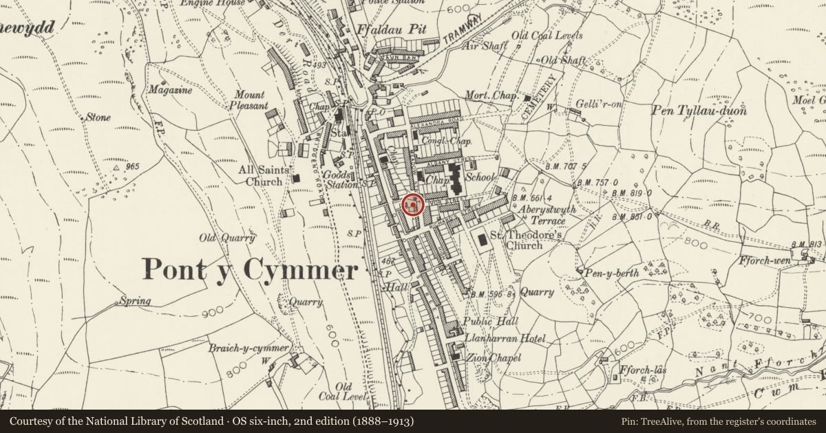 Ordnance Survey six-inch map, 2nd edition (1888–1913) covering the location of Ffaldau Workmen's Institute and attached Billiard Hall, Garw Valley, Bridgend, with a pin at the register's coordinates