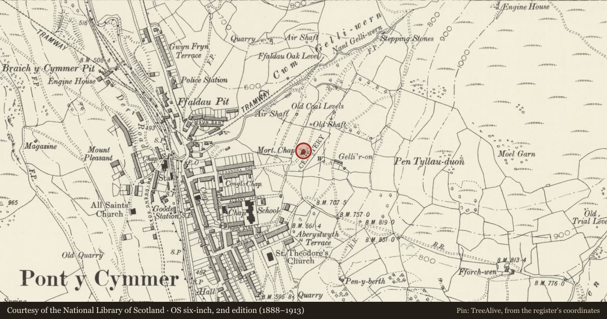 Ordnance Survey six-inch map, 2nd edition (1888–1913) covering the location of Mortuary Chapel, Garw Valley, Bridgend, with a pin at the register's coordinates