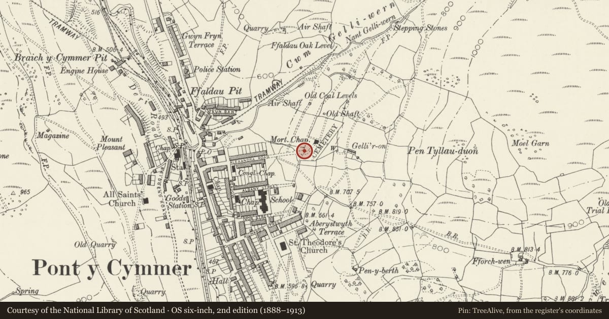 Ordnance Survey six-inch map, 2nd edition (1888–1913) covering the location of Pontycymer Cemetery Entrance, Garw Valley, Bridgend, with a pin at the register's coordinates