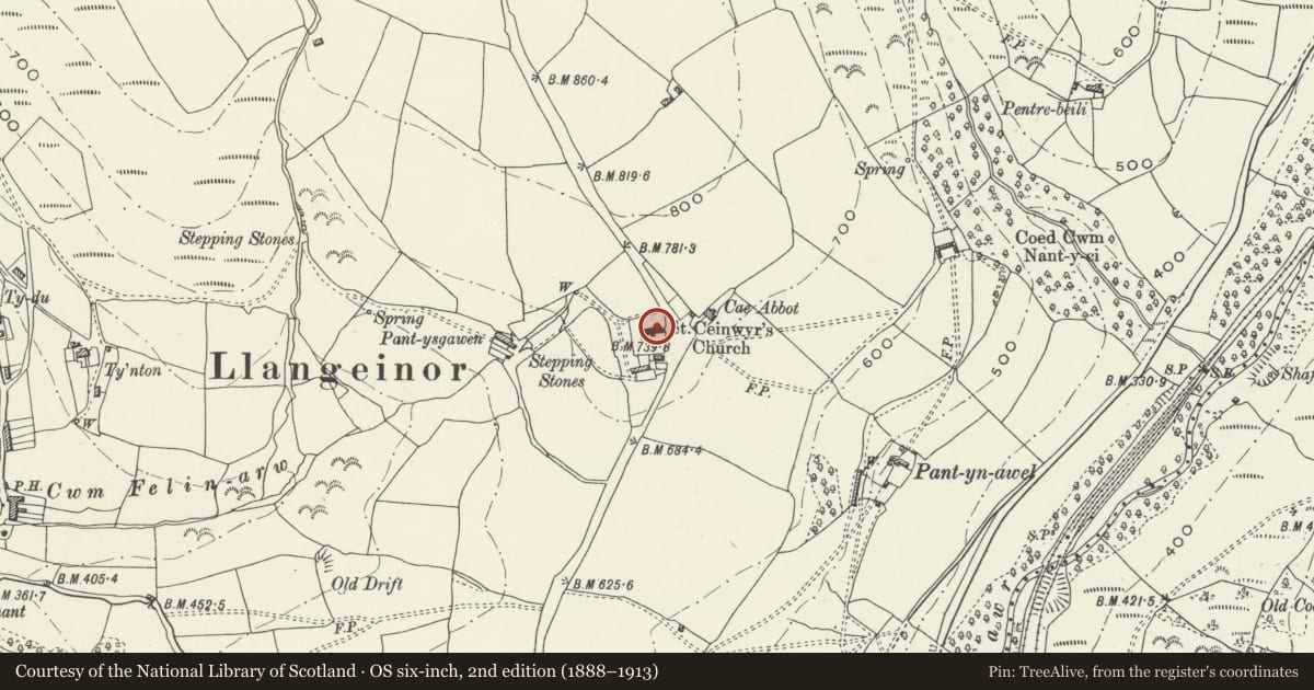 Ordnance Survey six-inch map, 2nd edition (1888–1913) covering the location of Church of St Cein, Garw Valley, Bridgend, with a pin at the register's coordinates