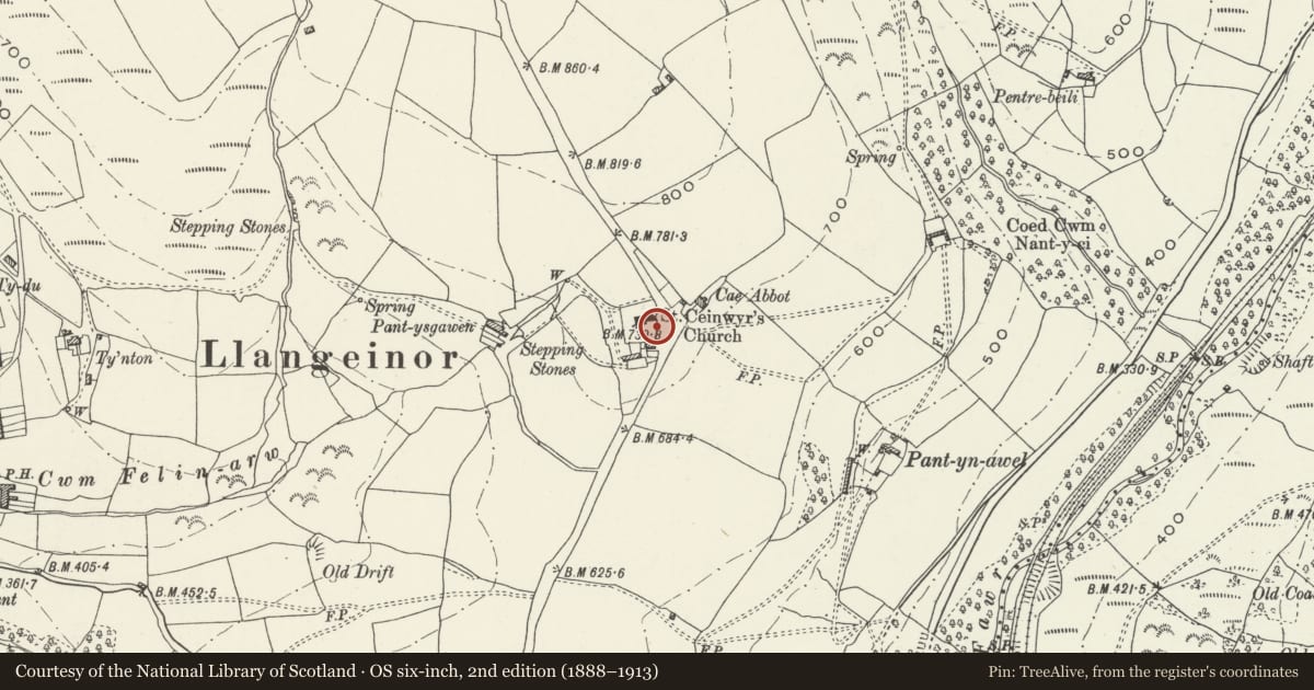 Ordnance Survey six-inch map, 2nd edition (1888–1913) covering the location of Hooped Grave Cover in Llangeinor churchyard, Garw Valley, Bridgend, with a pin at the register's coordinates