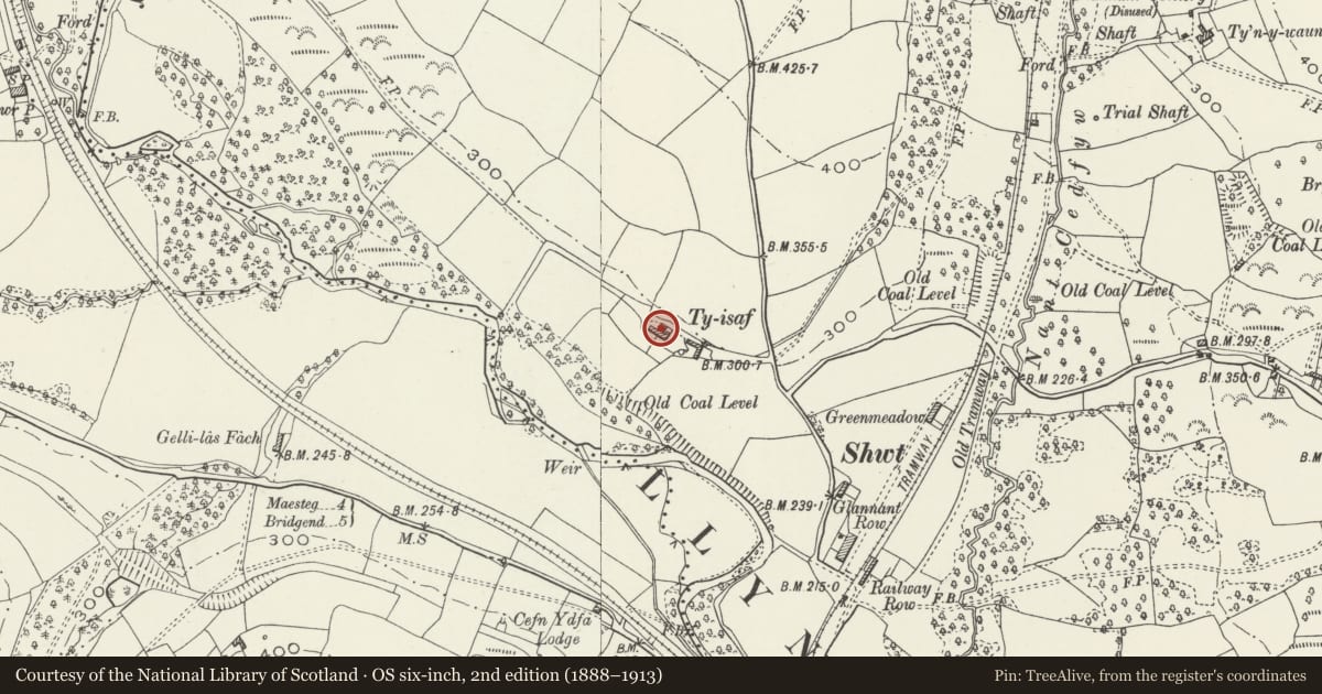 Ordnance Survey six-inch map, 2nd edition (1888–1913) covering the location of Ty Isaf, Garw Valley, Bridgend, with a pin at the register's coordinates