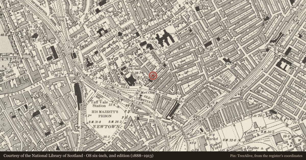 Ordnance Survey six-inch map, 2nd edition (1888–1913) covering the location of 9 Moira Terrace, Adamsdown, Cardiff, with a pin at the register's coordinates