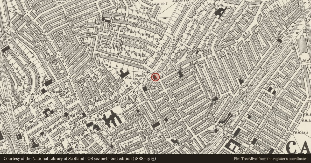 Ordnance Survey six-inch map, 2nd edition (1888–1913) covering the location of Clifton Church, Adamsdown, Cardiff, with a pin at the register's coordinates