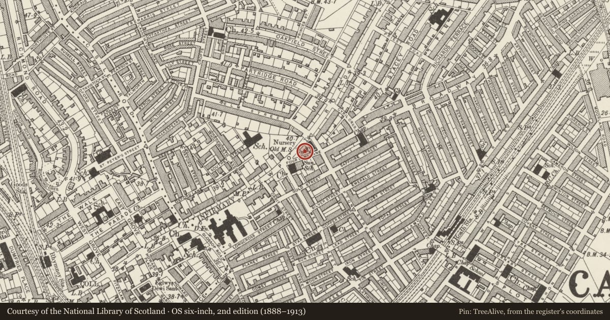 Ordnance Survey six-inch map, 2nd edition (1888–1913) covering the location of Roath Branch Library, Adamsdown, Cardiff, with a pin at the register's coordinates