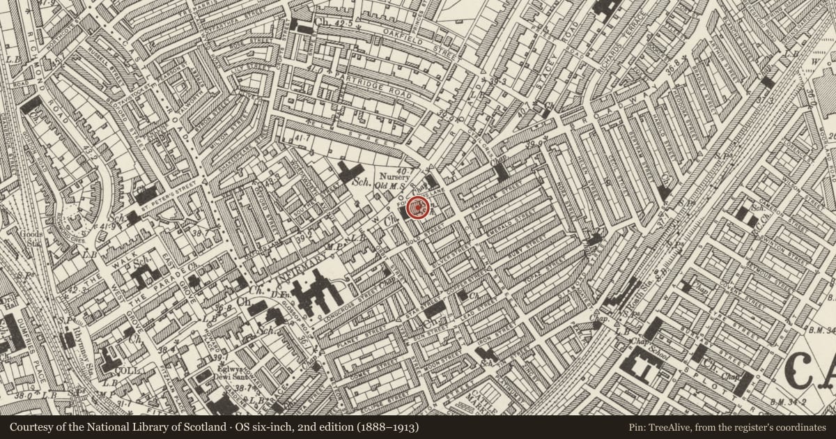 Ordnance Survey six-inch map, 2nd edition (1888–1913) covering the location of Elms Centre, Adamsdown, Cardiff, with a pin at the register's coordinates