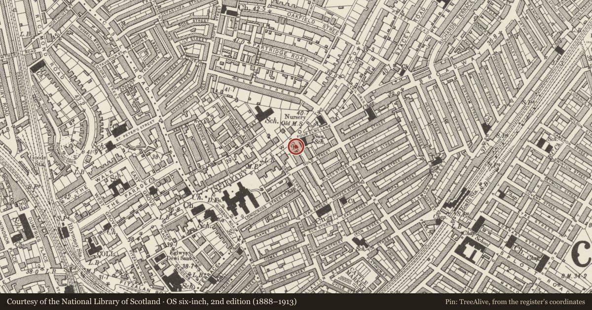 Ordnance Survey six-inch map, 2nd edition (1888–1913) covering the location of 64 Newport Road, Adamsdown, Cardiff, with a pin at the register's coordinates
