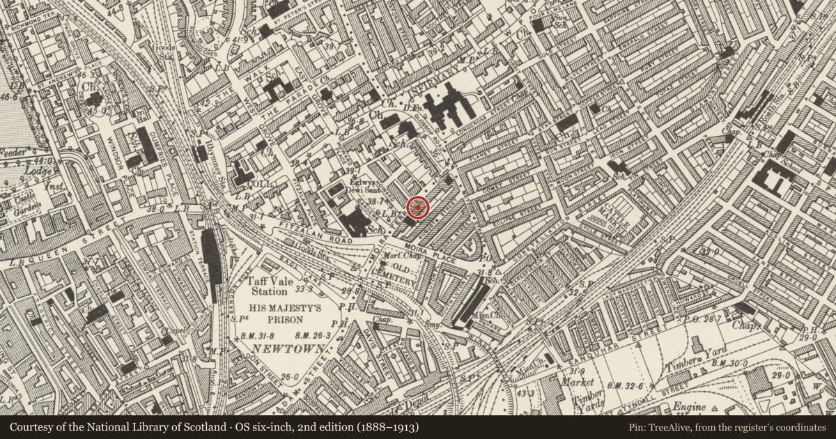 Ordnance Survey six-inch map, 2nd edition (1888–1913) covering the location of 10 Moira Terrace, Adamsdown, Cardiff, with a pin at the register's coordinates