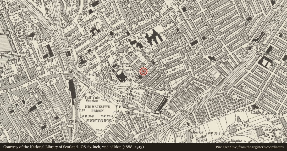 Ordnance Survey six-inch map, 2nd edition (1888–1913) covering the location of 11 Moira Terrace, Adamsdown, Cardiff, with a pin at the register's coordinates