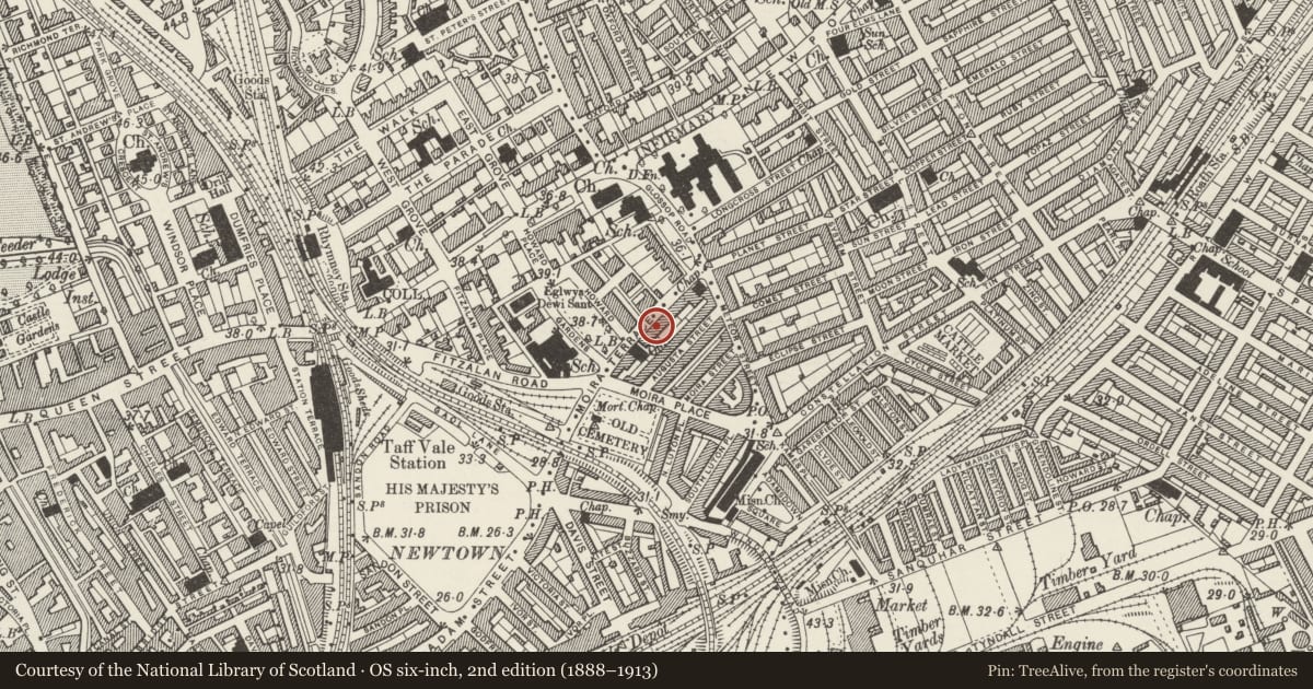 Ordnance Survey six-inch map, 2nd edition (1888–1913) covering the location of 12 Moira Terrace, Adamsdown, Cardiff, with a pin at the register's coordinates