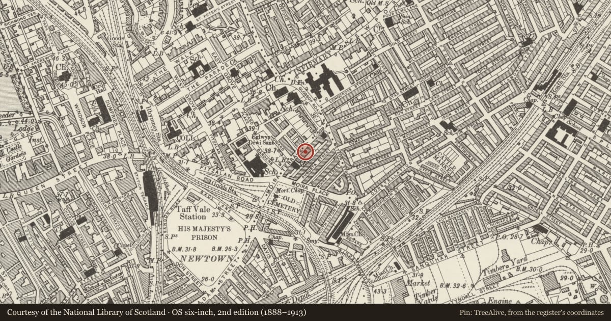 Ordnance Survey six-inch map, 2nd edition (1888–1913) covering the location of 13/14 Moira Terrace, Adamsdown, Cardiff, with a pin at the register's coordinates