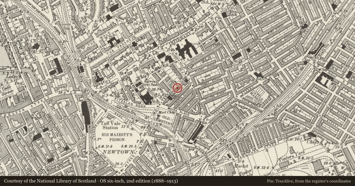 Ordnance Survey six-inch map, 2nd edition (1888–1913) covering the location of 15/16 Moira Terrace, Adamsdown, Cardiff, with a pin at the register's coordinates