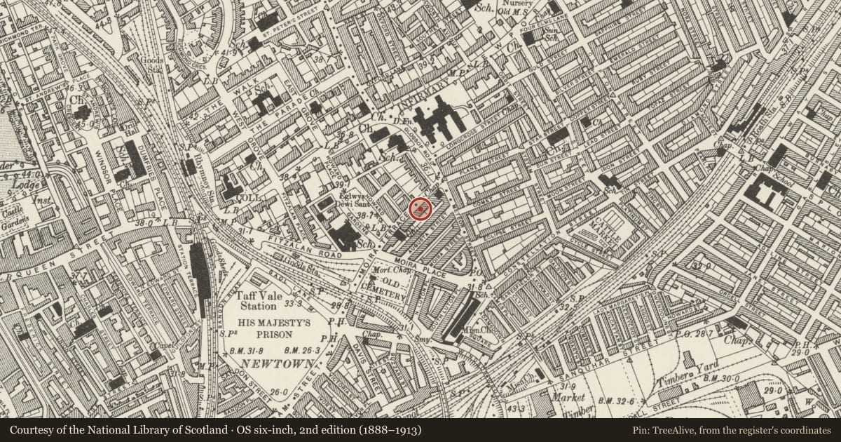 Ordnance Survey six-inch map, 2nd edition (1888–1913) covering the location of 17 Moira Terrace, Adamsdown, Cardiff, with a pin at the register's coordinates