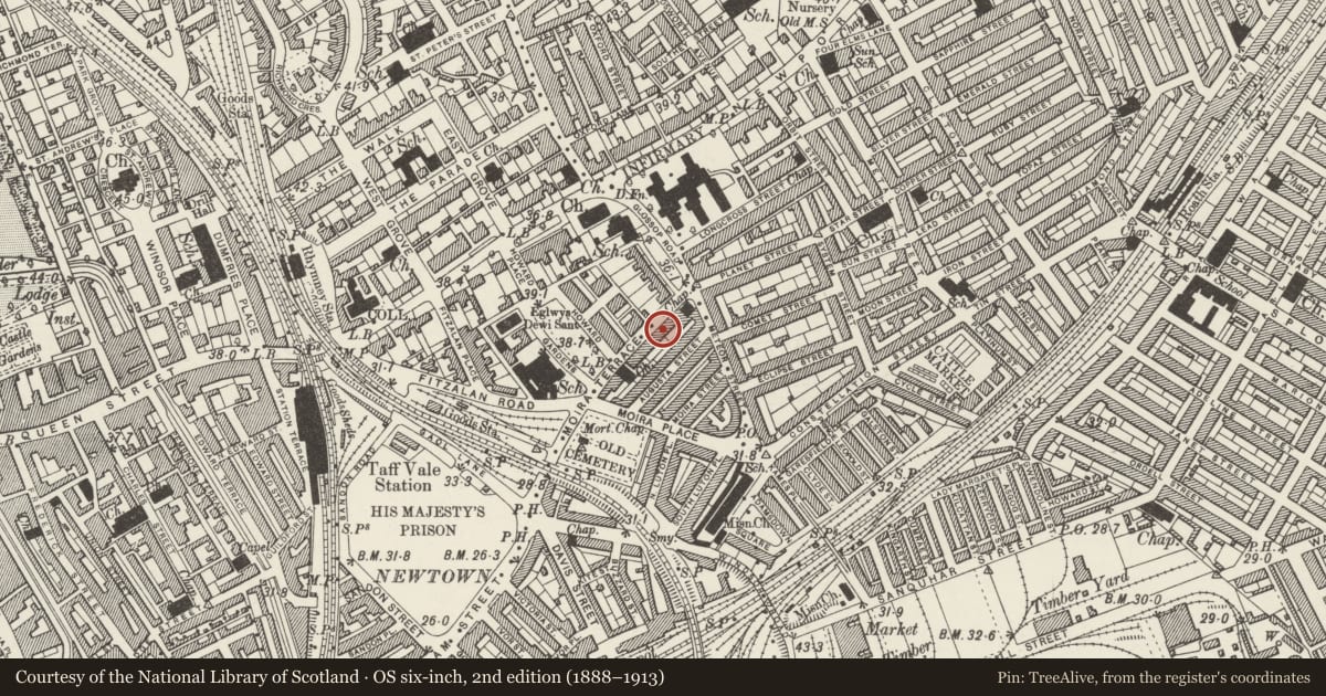Ordnance Survey six-inch map, 2nd edition (1888–1913) covering the location of 18 Moira Terrace, Adamsdown, Cardiff, with a pin at the register's coordinates