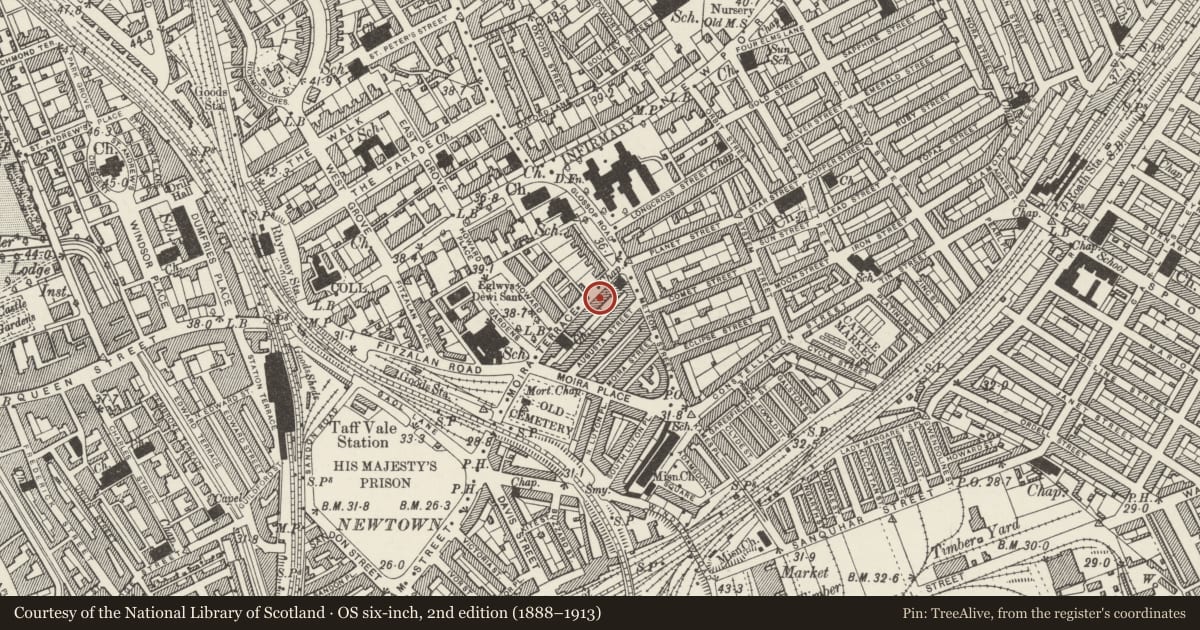Ordnance Survey six-inch map, 2nd edition (1888–1913) covering the location of 19 Moira Terrace, Adamsdown, Cardiff, with a pin at the register's coordinates