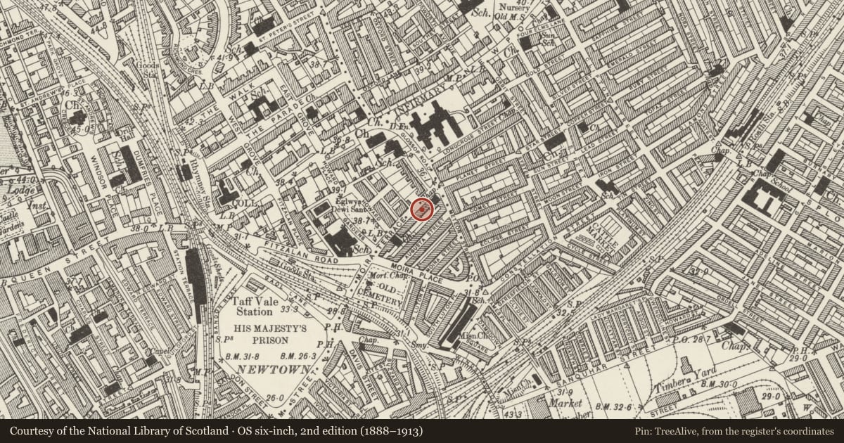 Ordnance Survey six-inch map, 2nd edition (1888–1913) covering the location of 20 Moira Terrace, Adamsdown, Cardiff, with a pin at the register's coordinates