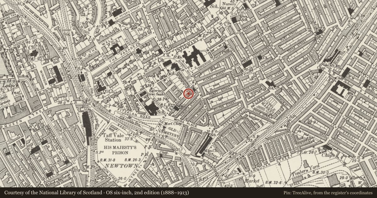 Ordnance Survey six-inch map, 2nd edition (1888–1913) covering the location of 21 Moira Terrace, Adamsdown, Cardiff, with a pin at the register's coordinates