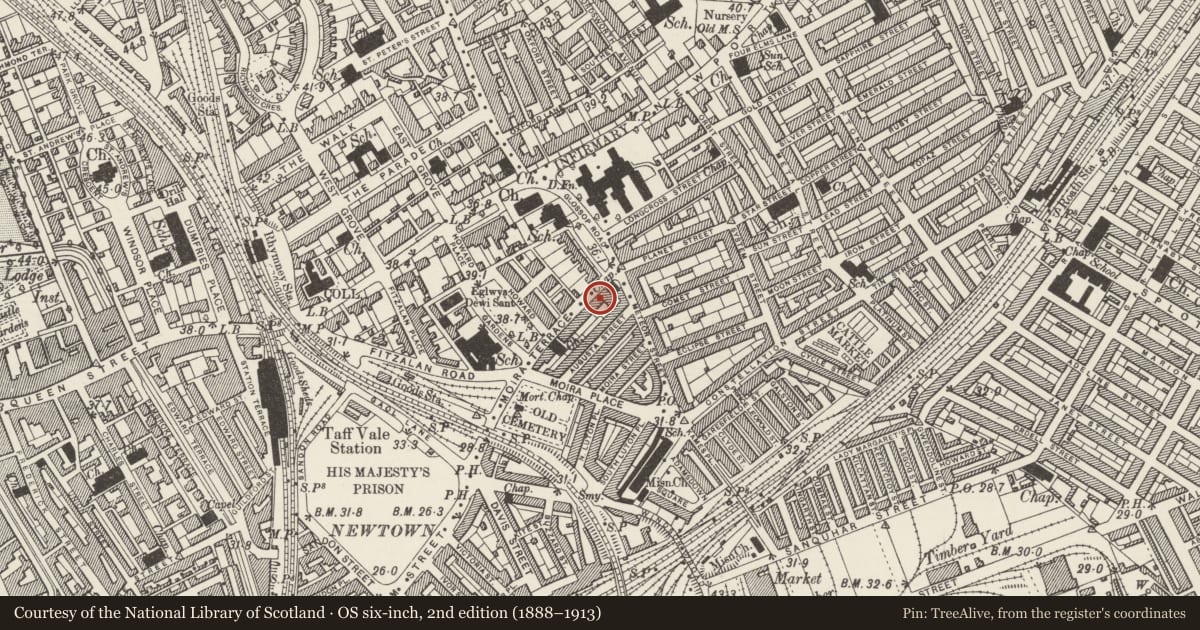 Ordnance Survey six-inch map, 2nd edition (1888–1913) covering the location of 22 Moira Terrace, Adamsdown, Cardiff, with a pin at the register's coordinates