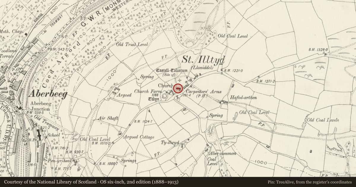 Ordnance Survey six-inch map, 2nd edition (1888–1913) covering the location of St Illtyd’s Church, Llanhilleth, Blaenau Gwent, with a pin at the register's coordinates