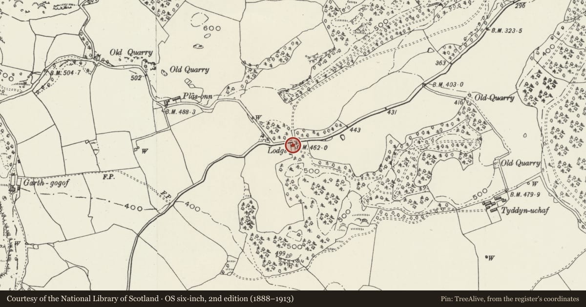 Ordnance Survey six-inch map, 2nd edition (1888–1913) covering the location of Betws Lodge, Abergele, Conwy, with a pin at the register's coordinates
