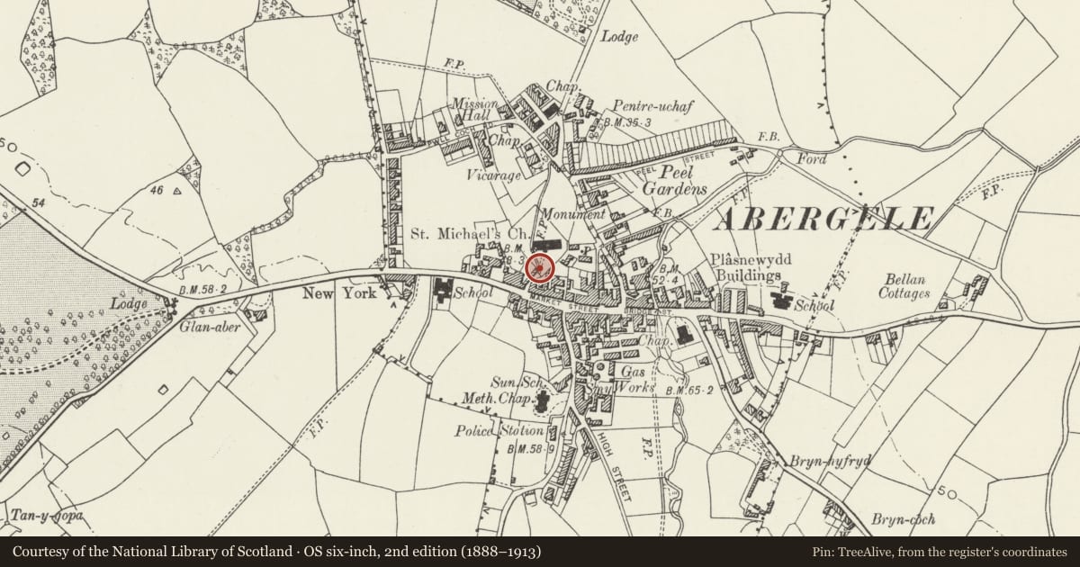 Ordnance Survey six-inch map, 2nd edition (1888–1913) covering the location of Lych Gate to Church of St Michael, Abergele, Conwy, with a pin at the register's coordinates