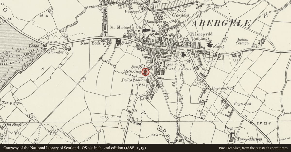 Ordnance Survey six-inch map, 2nd edition (1888–1913) covering the location of Eglwys Mynydd Seion, Abergele, Conwy, with a pin at the register's coordinates