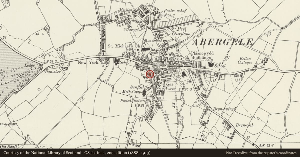 Ordnance Survey six-inch map, 2nd edition (1888–1913) covering the location of Bowden House, Abergele, Conwy, with a pin at the register's coordinates
