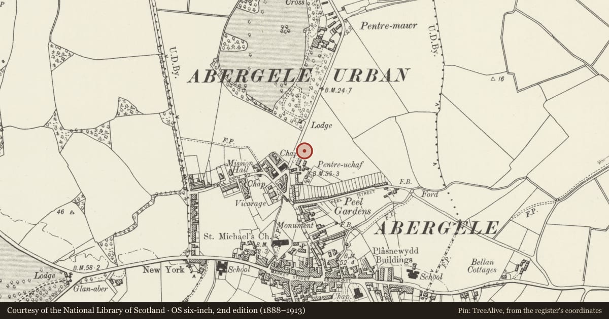 Ordnance Survey six-inch map, 2nd edition (1888–1913) covering the location of Church of St Theresa of Lisieux, Abergele, Conwy, with a pin at the register's coordinates