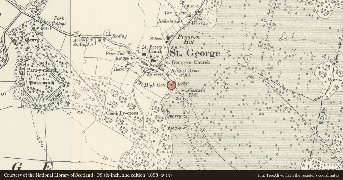 Ordnance Survey six-inch map, 2nd edition (1888–1913) covering the location of Park Gates and Gatepiers to the NW entrance to Kinmel Park, Abergele, Conwy, with a pin at the register's coordinates