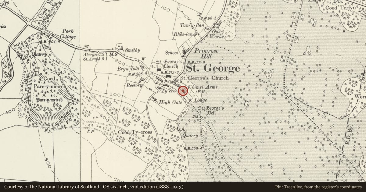 Ordnance Survey six-inch map, 2nd edition (1888–1913) covering the location of Village Hall, Abergele, Conwy, with a pin at the register's coordinates
