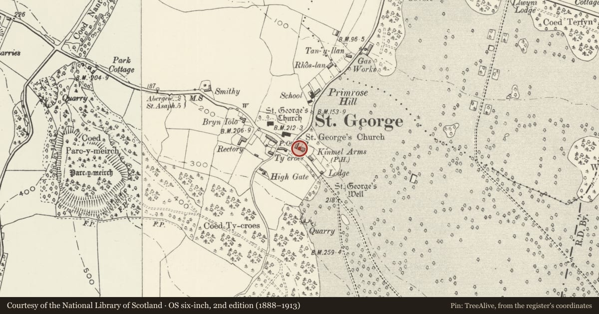 Ordnance Survey six-inch map, 2nd edition (1888–1913) covering the location of Kinmel Arms, Abergele, Conwy, with a pin at the register's coordinates