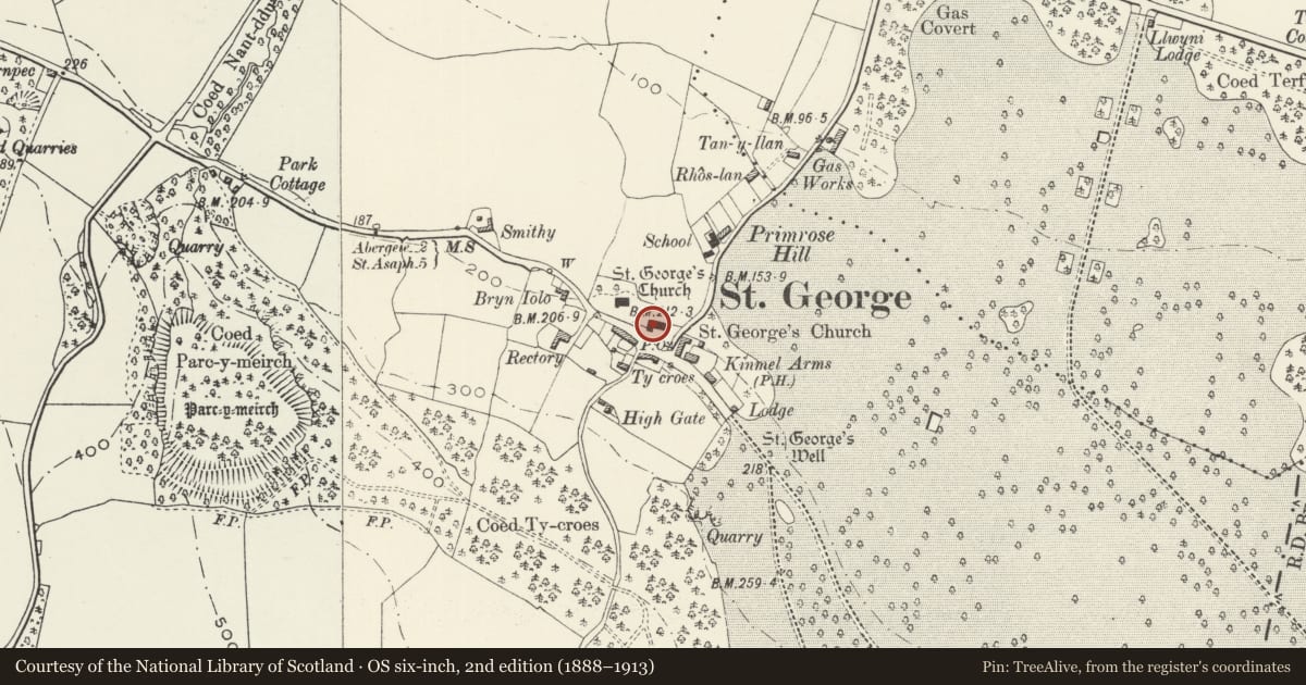 Ordnance Survey six-inch map, 2nd edition (1888–1913) covering the location of Church of St George, Abergele, Conwy, with a pin at the register's coordinates