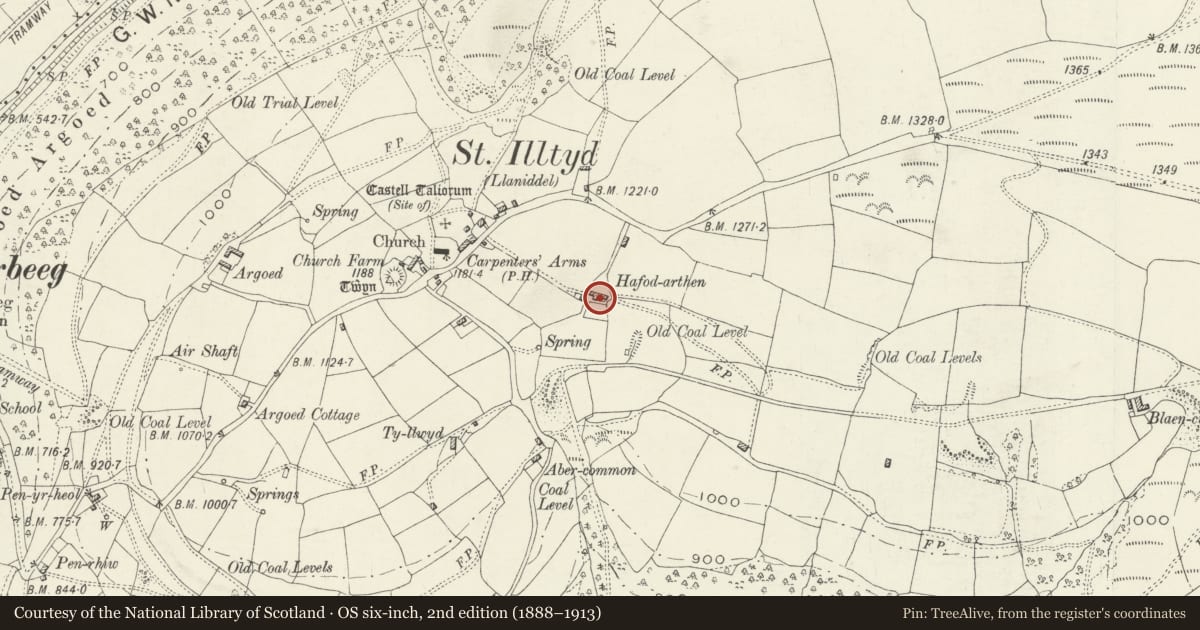 Ordnance Survey six-inch map, 2nd edition (1888–1913) covering the location of Hafod-arthen, Llanhilleth, Blaenau Gwent, with a pin at the register's coordinates
