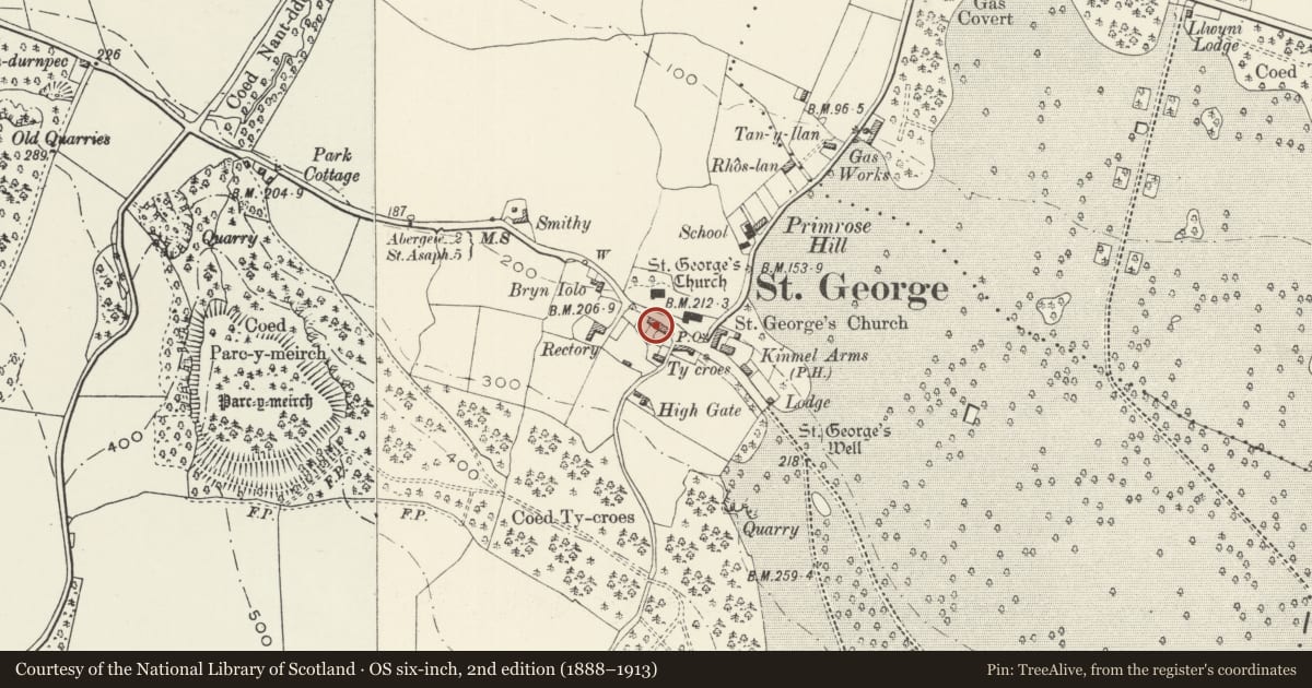 Ordnance Survey six-inch map, 2nd edition (1888–1913) covering the location of 5 Church Street, Abergele, Conwy, with a pin at the register's coordinates