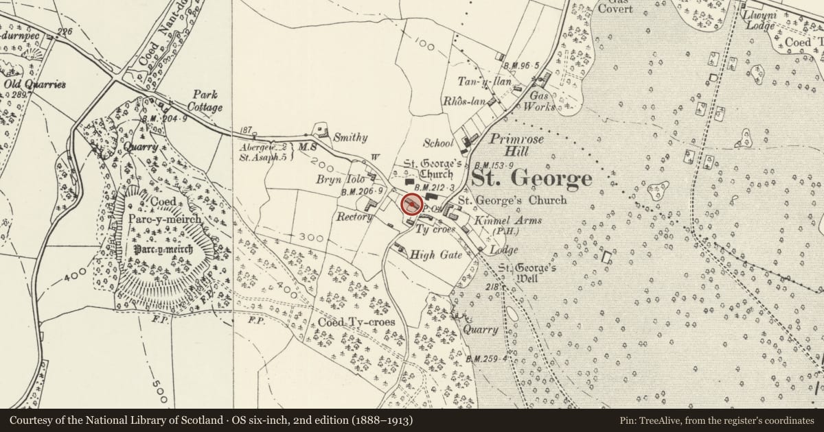 Ordnance Survey six-inch map, 2nd edition (1888–1913) covering the location of 6 Church Street, Abergele, Conwy, with a pin at the register's coordinates