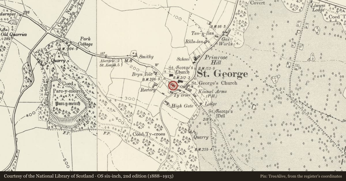 Ordnance Survey six-inch map, 2nd edition (1888–1913) covering the location of 6A Church Street, Abergele, Conwy, with a pin at the register's coordinates