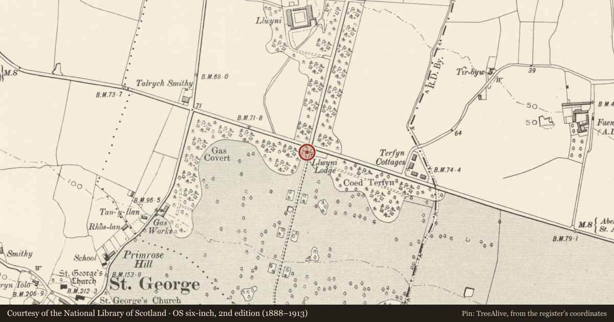 Ordnance Survey six-inch map, 2nd edition (1888–1913) covering the location of Llwyni Lodge Gate Piers, Abergele, Conwy, with a pin at the register's coordinates