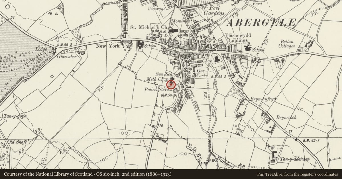 Ordnance Survey six-inch map, 2nd edition (1888–1913) covering the location of Roberts Monument at Eglwys Mynydd Seion, Abergele, Conwy, with a pin at the register's coordinates