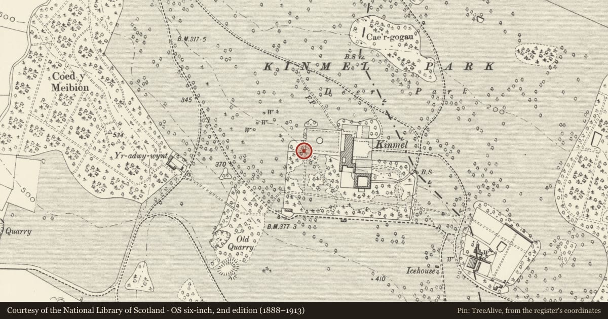 Ordnance Survey six-inch map, 2nd edition (1888–1913) covering the location of Gazebo and Summerhouse in Venetian Garden at Kinmel, including attached steps, Abergele, Conwy, with a pin at the register's coordinates
