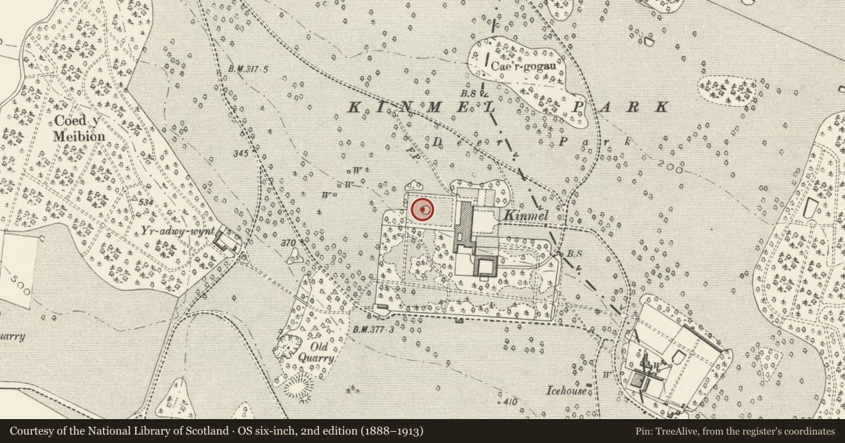 Ordnance Survey six-inch map, 2nd edition (1888–1913) covering the location of Fountain in Venetian Garden at Kinmel, Abergele, Conwy, with a pin at the register's coordinates