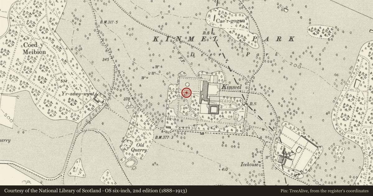 Ordnance Survey six-inch map, 2nd edition (1888–1913) covering the location of Walls and Gate Piers to the Venetian Garden at Kinmel, with 3 sets of steps, Abergele, Conwy, with a pin at the register's coordinates