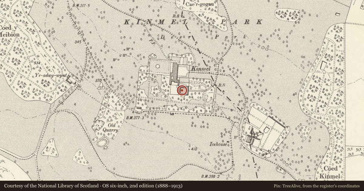 Ordnance Survey six-inch map, 2nd edition (1888–1913) covering the location of Coach-house and Stable Range at Kinmel with terrace walls, steps and archway to E, Abergele, Conwy, with a pin at the register's coordinates