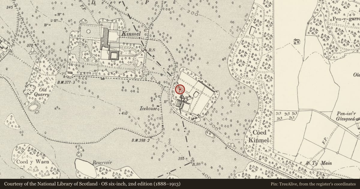 Ordnance Survey six-inch map, 2nd edition (1888–1913) covering the location of Kitchen Garden Walls SE of Kinmel, Abergele, Conwy, with a pin at the register's coordinates