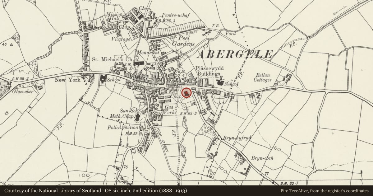 Ordnance Survey six-inch map, 2nd edition (1888–1913) covering the location of St Paul Addoldy yr Eglwys Fethodistiadd, Abergele, Conwy, with a pin at the register's coordinates