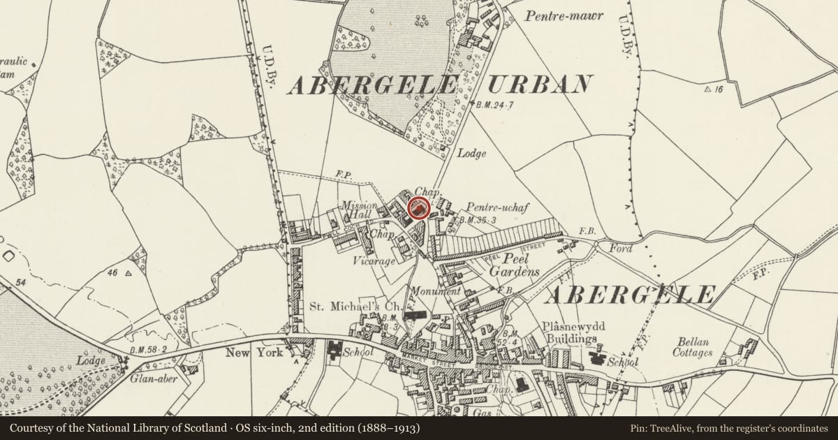 Ordnance Survey six-inch map, 2nd edition (1888–1913) covering the location of Eglwys Crist Addoldy'r Annibynnwyr, Abergele, Conwy, with a pin at the register's coordinates