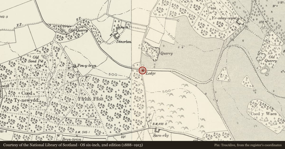 Ordnance Survey six-inch map, 2nd edition (1888–1913) covering the location of Dinorben Lodge, Abergele, Conwy, with a pin at the register's coordinates
