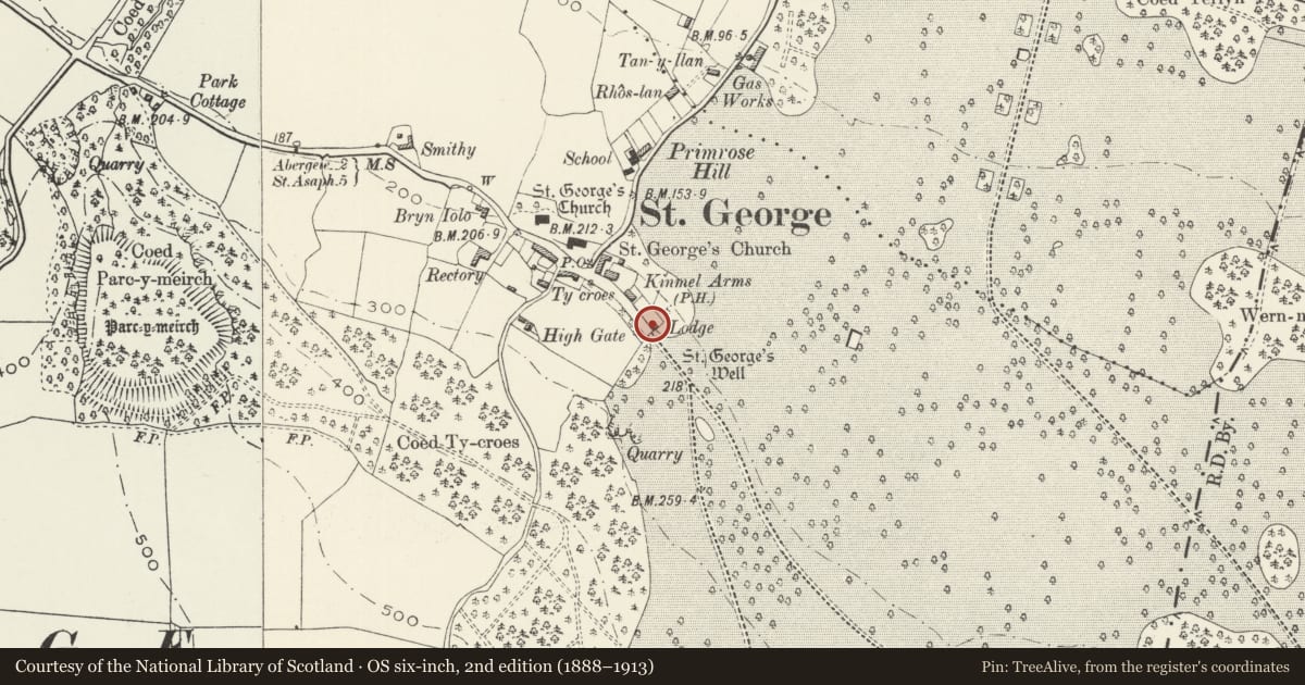 Ordnance Survey six-inch map, 2nd edition (1888–1913) covering the location of St George Gate Lodge to Kinmel Park, Abergele, Conwy, with a pin at the register's coordinates