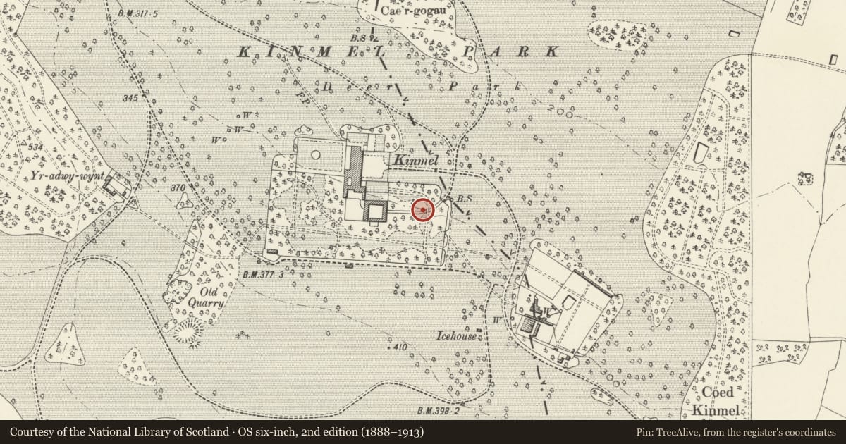Ordnance Survey six-inch map, 2nd edition (1888–1913) covering the location of Garden Bridge and attached sunken service road walls and abutments at Kinmel, Abergele, Conwy, with a pin at the register's coordinates